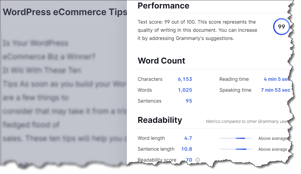 WP eCommerce 10 Tips - Grammarly Score