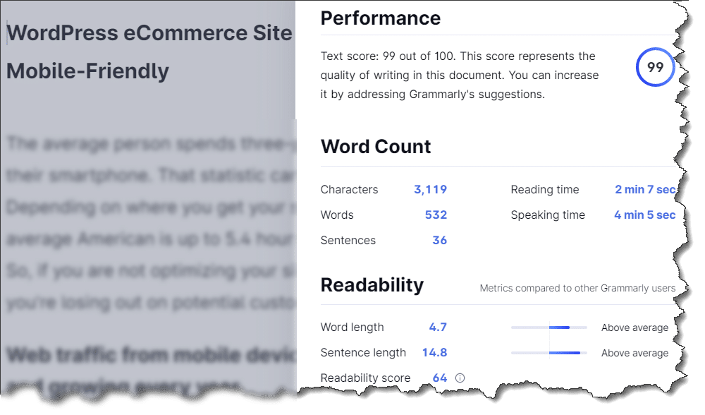 WP eCommerce Mobile-Friendly - Grammarly Score